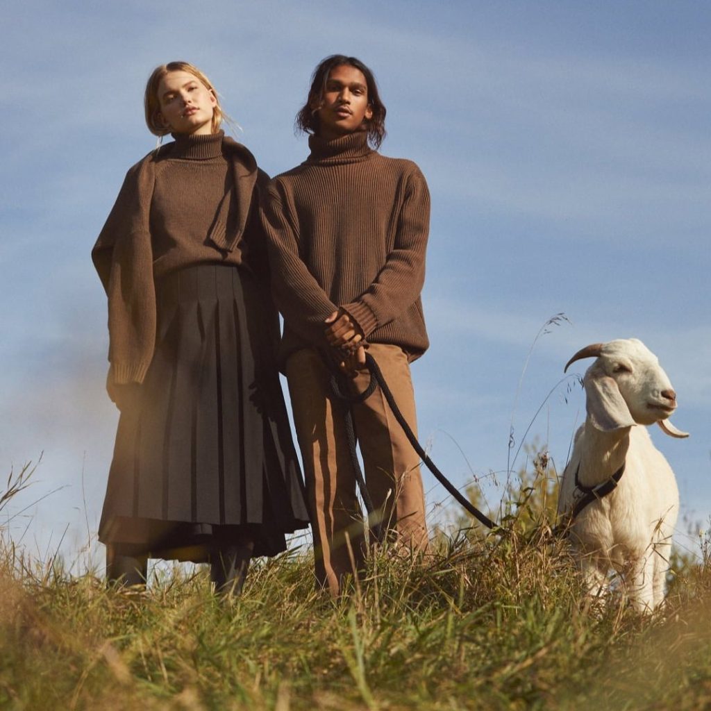 A man and woman on a hill with a goat wearing natural, cotton clothing from affordable sustainable fashion brand Kotn.