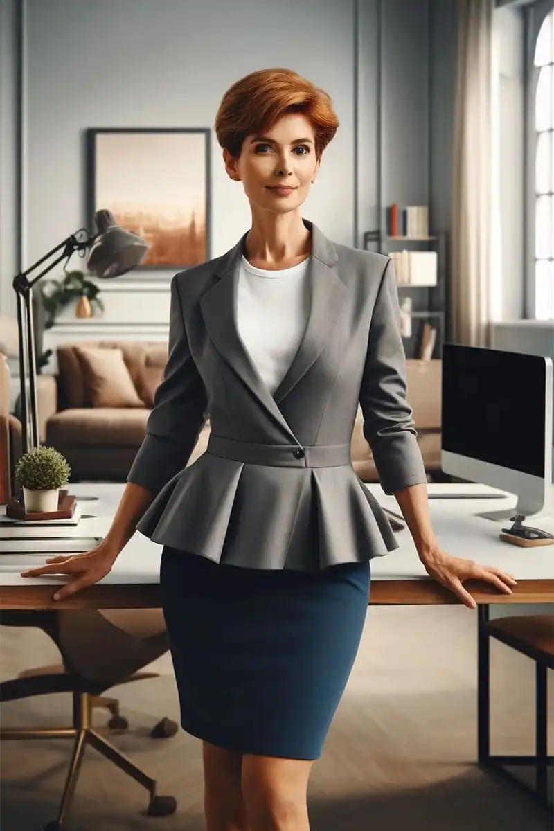 Red-headed woman wearing peplum blazer with pencil skirt. 