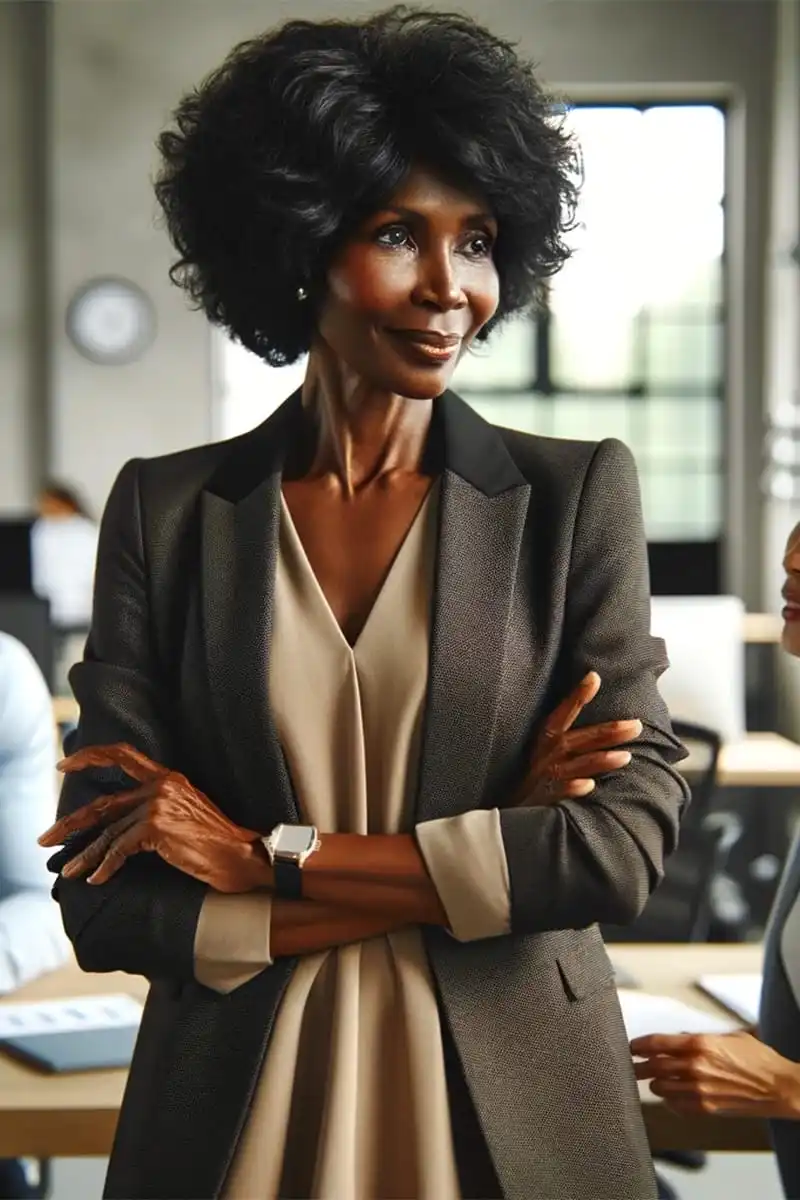 Woman wearing blazer over neutral-toned dress.