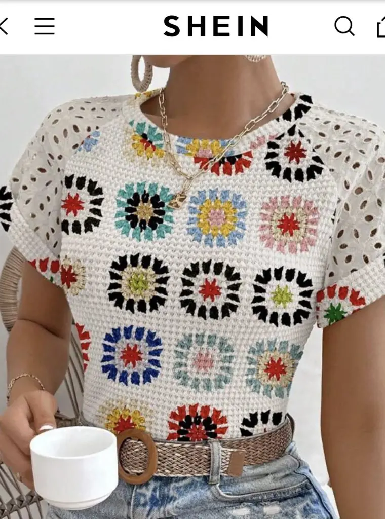 woman wearing a cheap polyester crochet top by fast fashion brand Shein 
