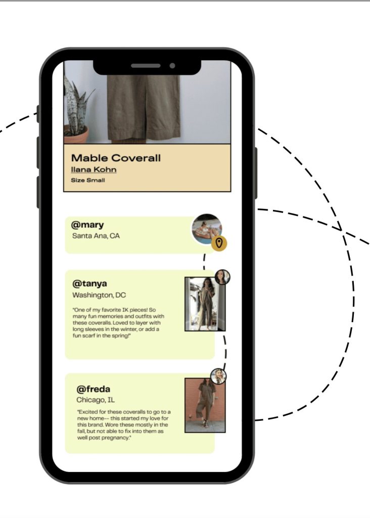 An iPhone with a secondhand clothing app featuring people selling used clothes
