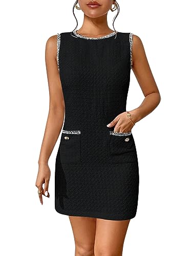 Verdusa Women's Pocket Front Sleeveless Round Neck Tweed Short Bodycon Dress Black S