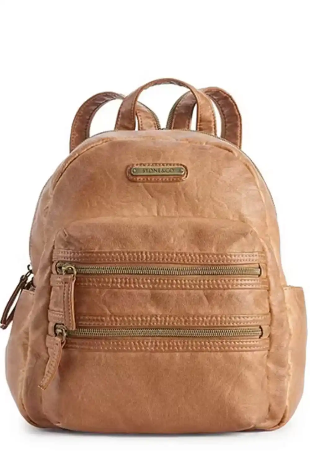 Beige mini backpack on white background.