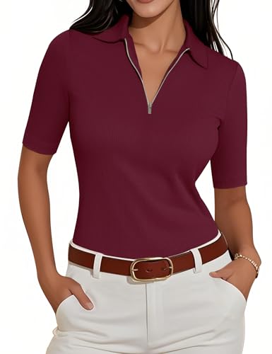 Meetrendi Women's Half Sleeve Top 2025 Summer Elegant V Neck Zipper Collared Work Shirts Slim Fitted Dressy Blouses Burgundy