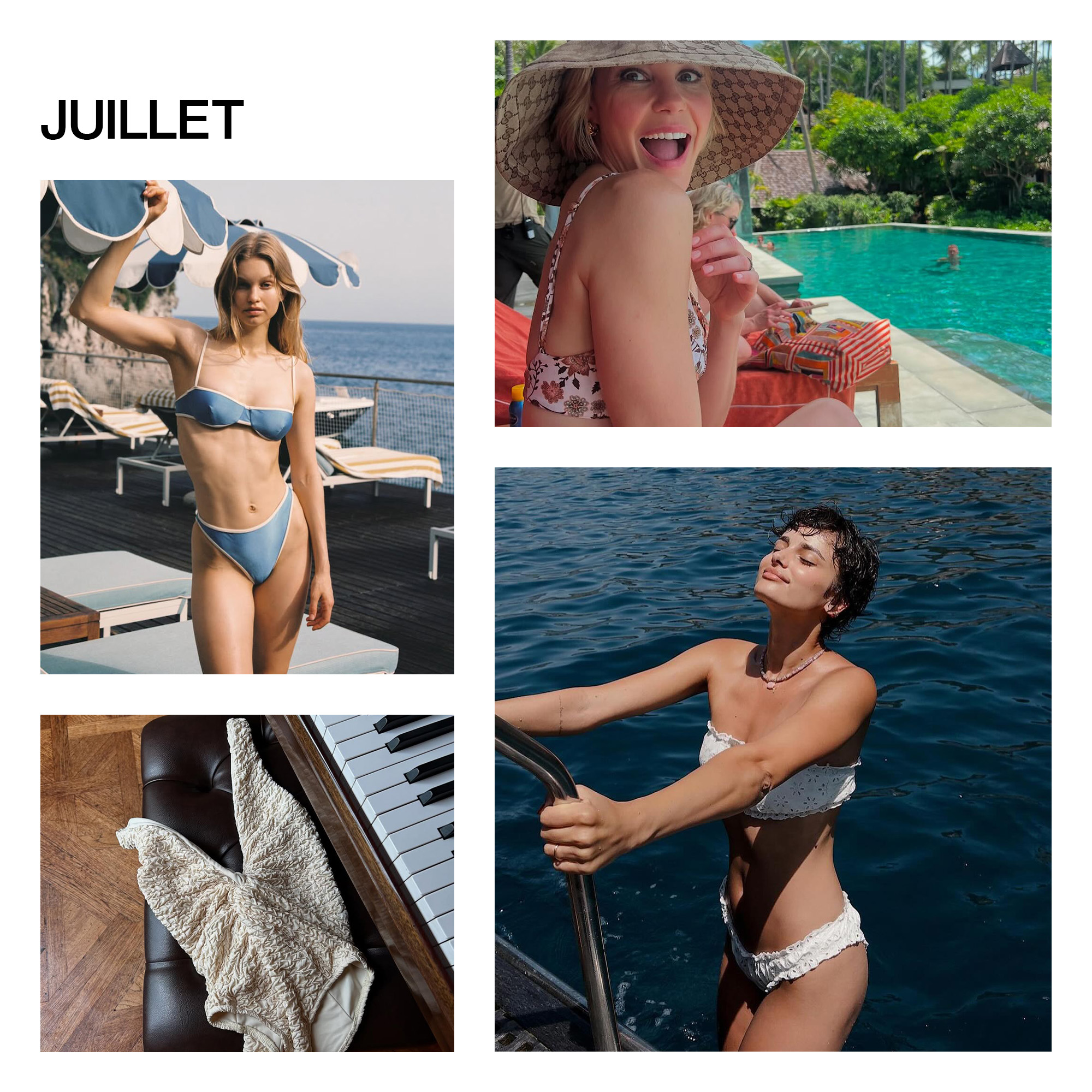 A collage of influencer imagery featuring Juillet swimwear.
