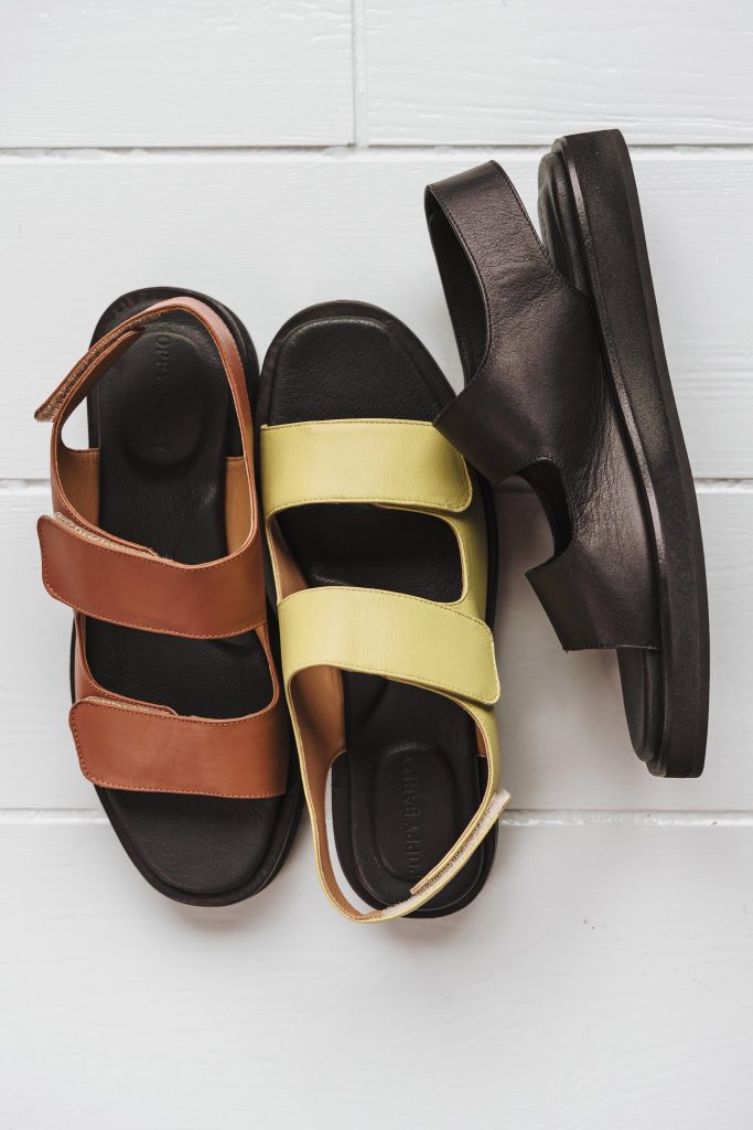 Three ethical sandals for an alternative to Birkenstock made in tan, yellow and black from Poppy Barley