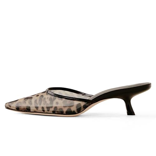 Riekhany Women Mesh Kitten Heels Mules Closed Pointed Toe Slip on Backless Stiletto Slingback Heels Wedding Dress Low Heel Pumps Shoes Leopard