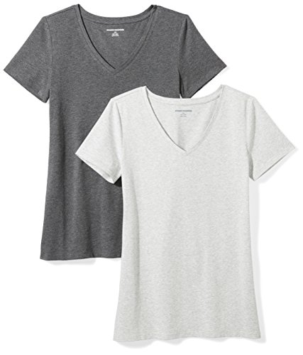 Amazon Essentials Women's Classic-Fit Short-Sleeve V-Neck T-Shirt, Pack of 2, Charcoal Heather/Light Grey Heather, Large