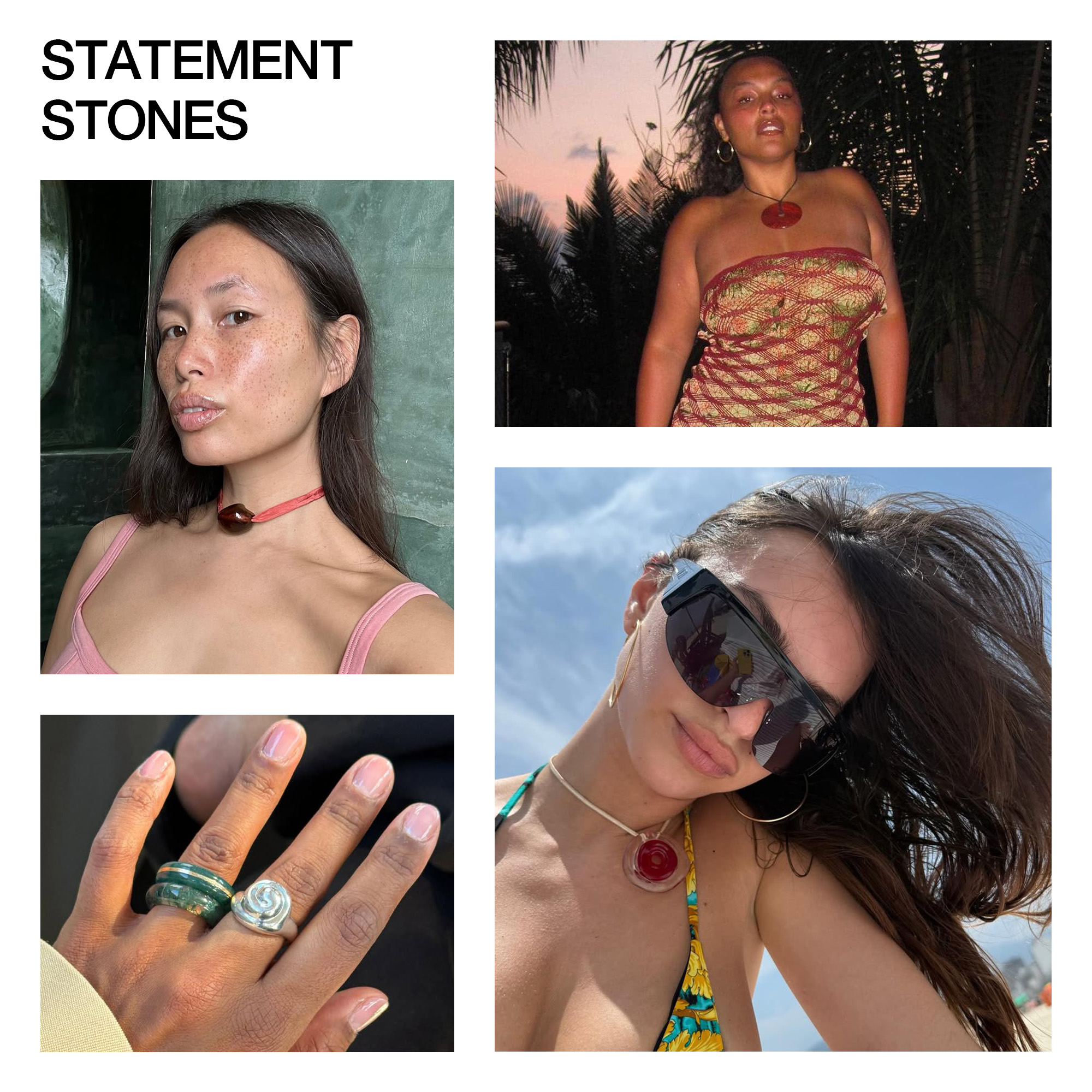 A collage of celebrity and influencer imagery featuring the summer 2025's stone jewelry trend.