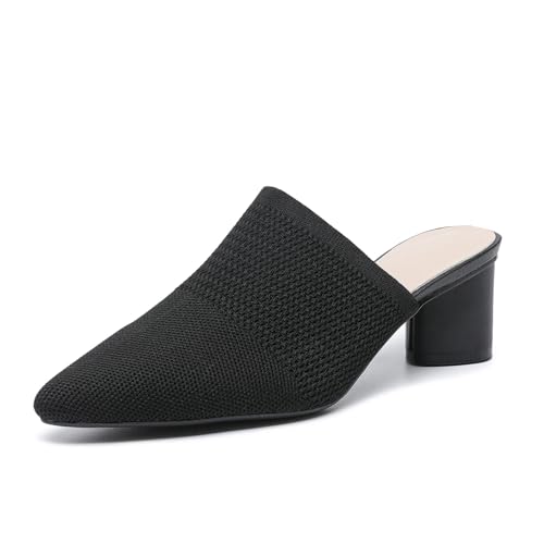NourIron Women’s Knit Closed Pointed Toe Chunky Heel Mules Fashion Mesh Breathable Low Block Heel Pump Sandals Comfortable Slip On Dress Party Shoes (Black,6.5)