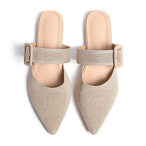 Meknitva Pointed Toe Mules for Women Flats，Slip On Mules Backless，Wide Width Mules，Woven Mules for Women Dressy，Mule Slides for Women Flats Sandals Beige Size 10