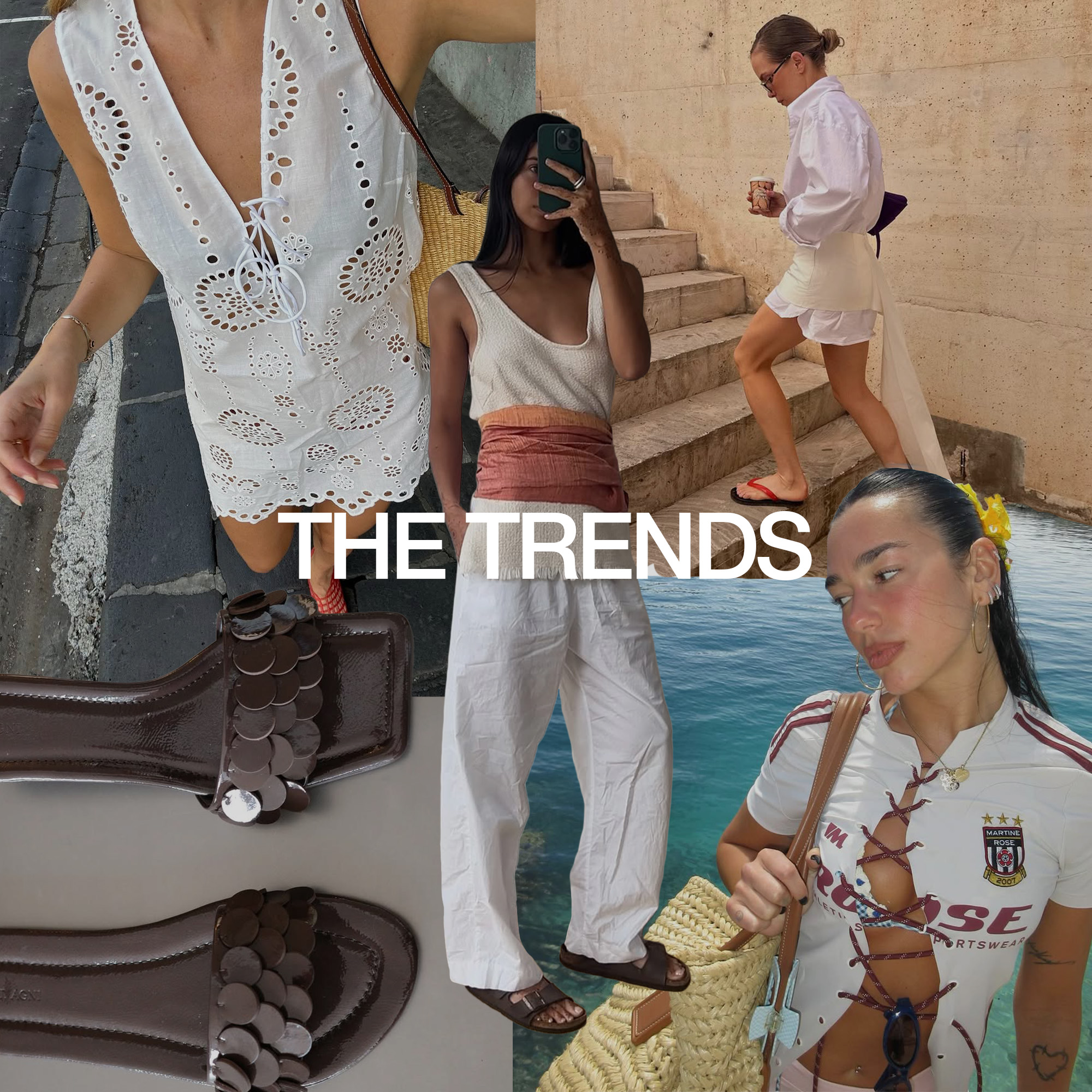 A collage of celebrity and influencer imagery featuring the biggest vacation trends of summer 2025.