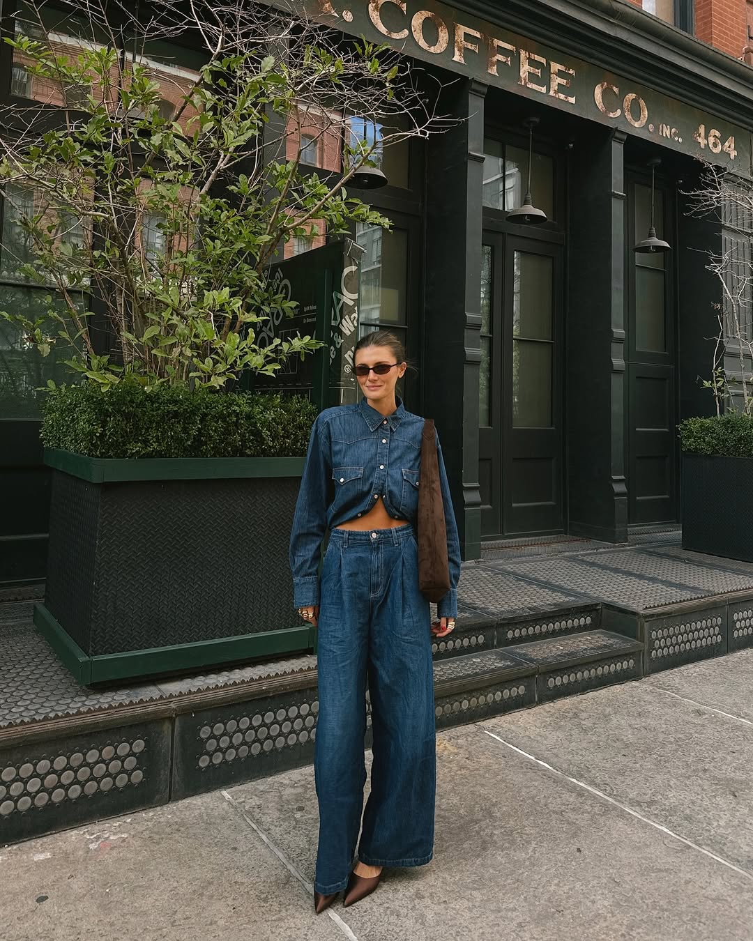 woman wearing denim on denim outfit