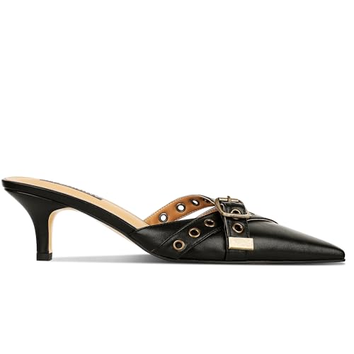 AMINUGAL Mules Heels for Women Pointed Closed Toe Kitten Pumps Buckle Slip On Studded Stiletto Heeled Party Dress Shoes A-Black