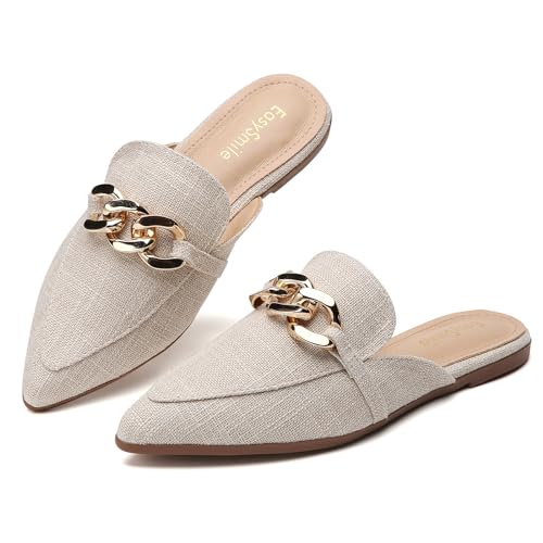 EasySmile Metal Chain Decor Flat Mules for Women Closed Pointed Toe Slip on Loafers Slides Backless Mules Shoes