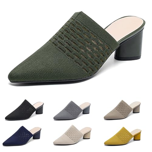 Women’s Knit Mesh Chunky Heel Mules Closed Pointed Toe Backless Slip On Mid Block Heel Dress Slide Sandals Summer Breathable Daily Party Pumps (Green-2,9)