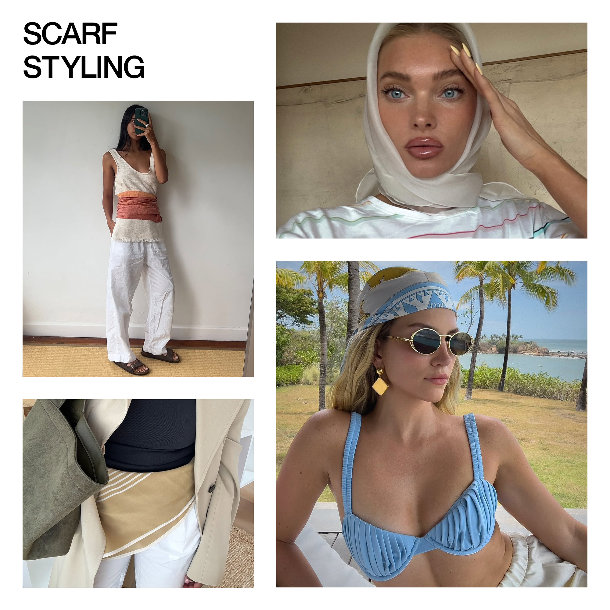 A collage of celebrity and influencer imagery featuring the summer 2025's scarf styling trend.