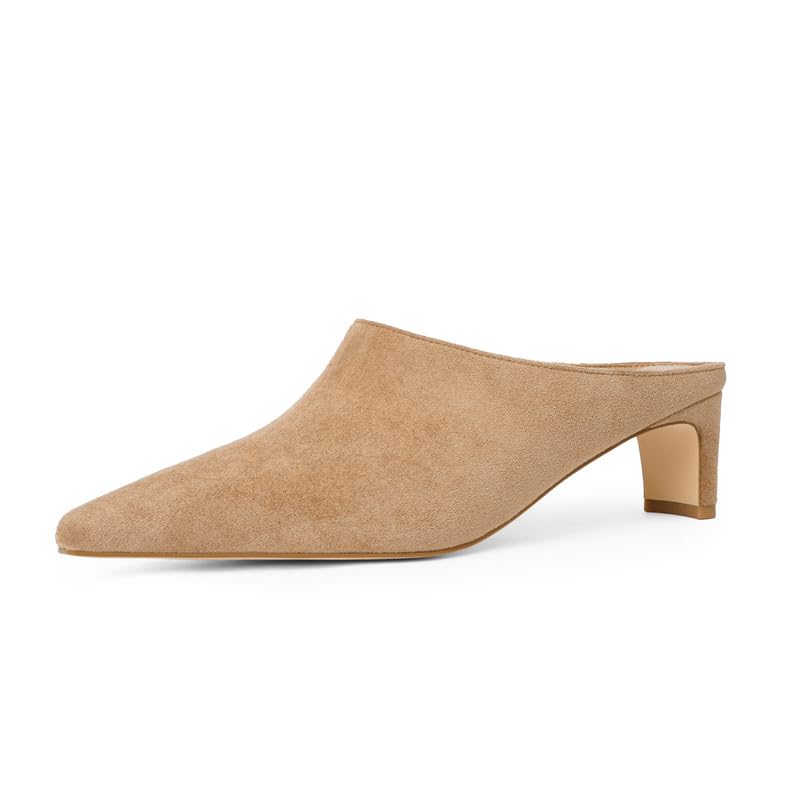 VIUGJNEX Mule Heels for Women Tan Suede Kitten Heel Low Blade Heel Square Toe Closed Toe Backless Slide on Comfortable Pumps Dress Shoes Size 7.5