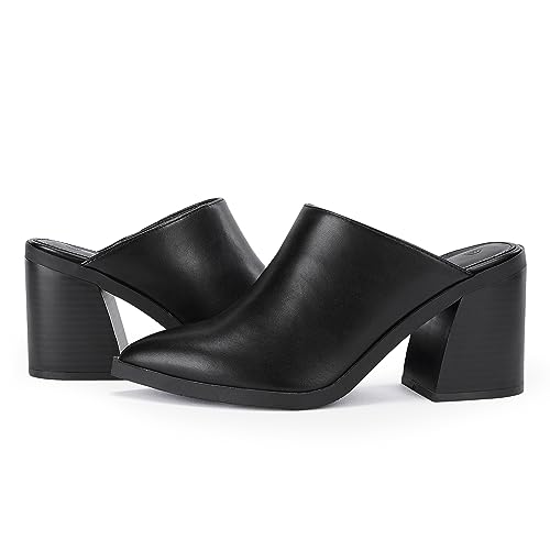 JeimPoey Womens Chunky Heels Mules Pointed Closed Toe Heeled Sandals Backless Stacked Block Heel Slip-on Shoes