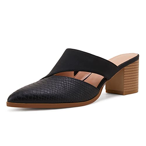 Syktkmx Womens Cutout Backless Chunky Stacked Mules Slip On Closed Toe Scale Heeled Sandal Shoes Black