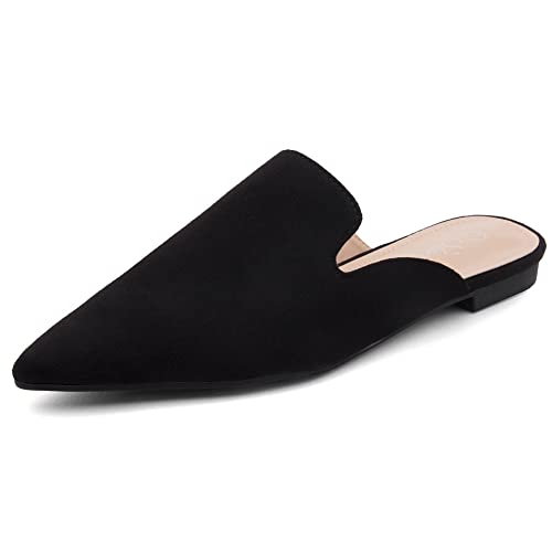 Shoe Land Cally Women's Mules, Pointed Toe Backless Loafer Shoes, Comfortable Flats, Slip-On Slides, Casual Flat Mule for Party, Office, Daily Wear, and Business, Black, Size 7.0