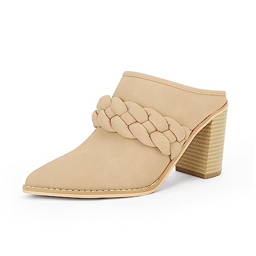 Womens Chunky Block Heel Mules Braided Strap Backless Booties Slip On Closed Pointed Toe Shoes Beige