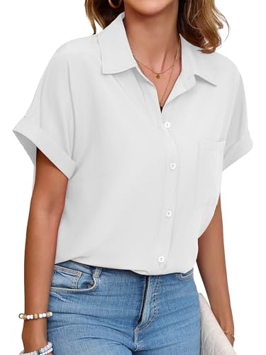 Poplab Womens Button Down Shirt Summer Casual Short Sleeve Relaxed Fit Work Blouse(White,S)