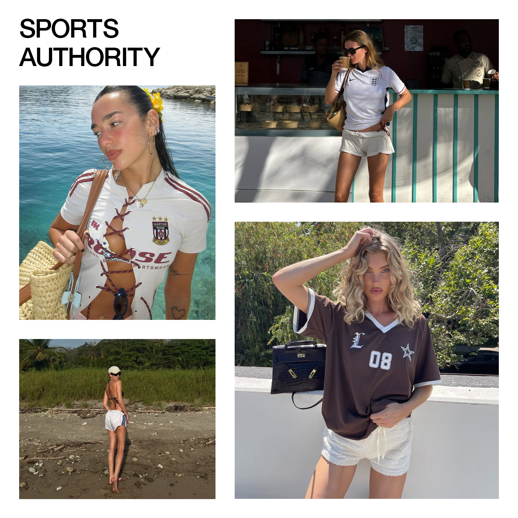 A collage of celebrity and influencer imagery featuring the summer 2025's sports attire trend.