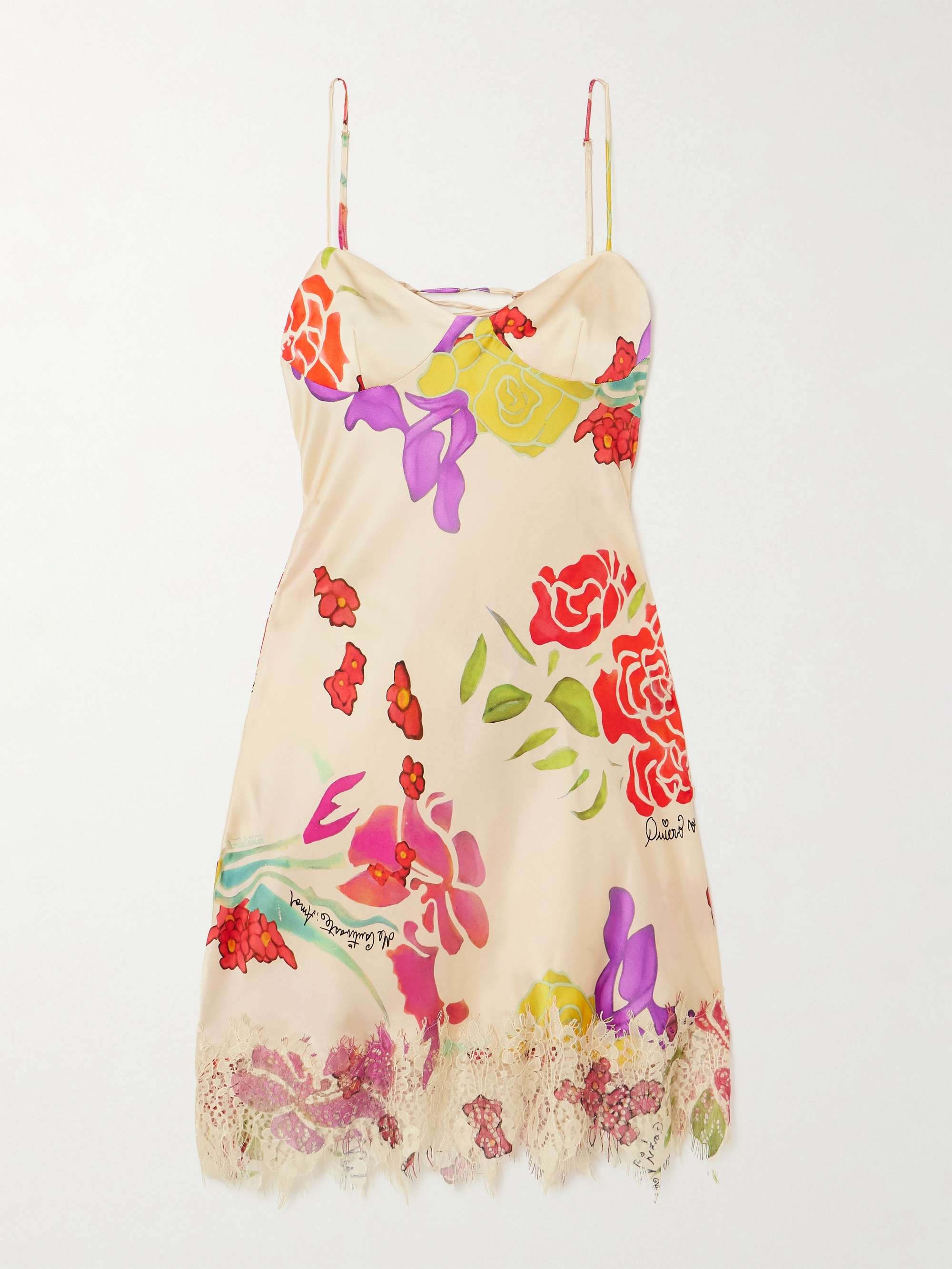 Flores Lace-Trimmed Floral-Print Silk-Blend Satin Mini Dress