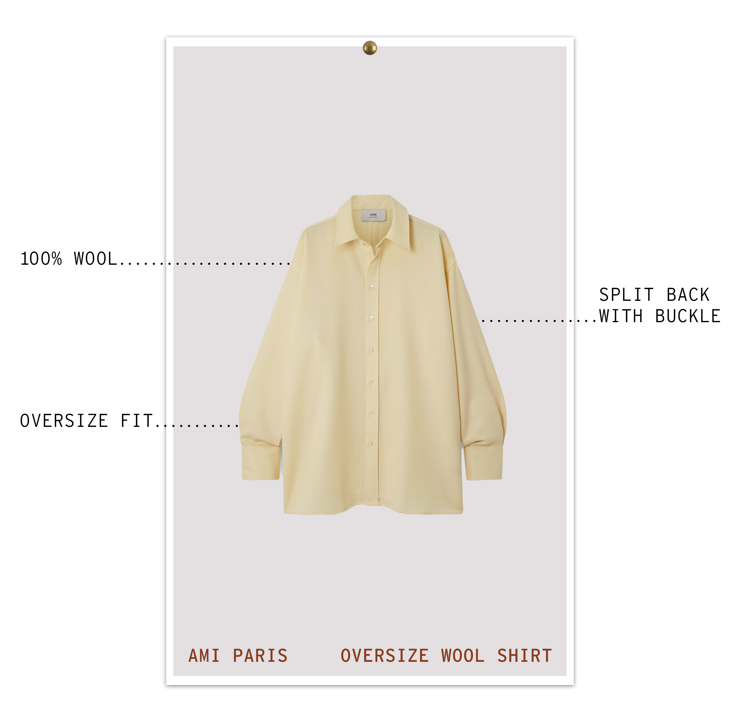 Ami Oversize Wool Shirt with text pointing out garment details.