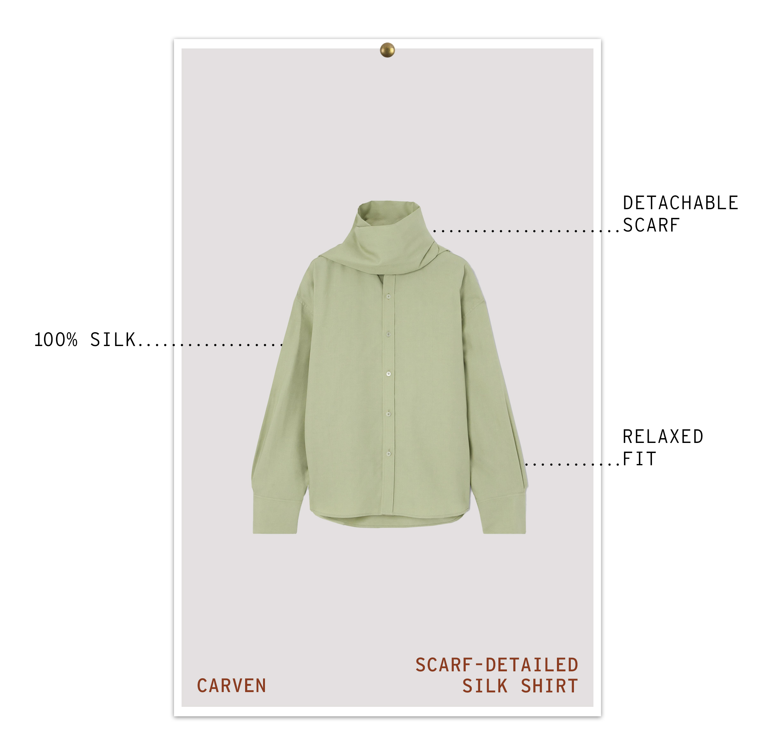 Carven Scarf-Detailed Silk Shirt with text pointing out garment details.