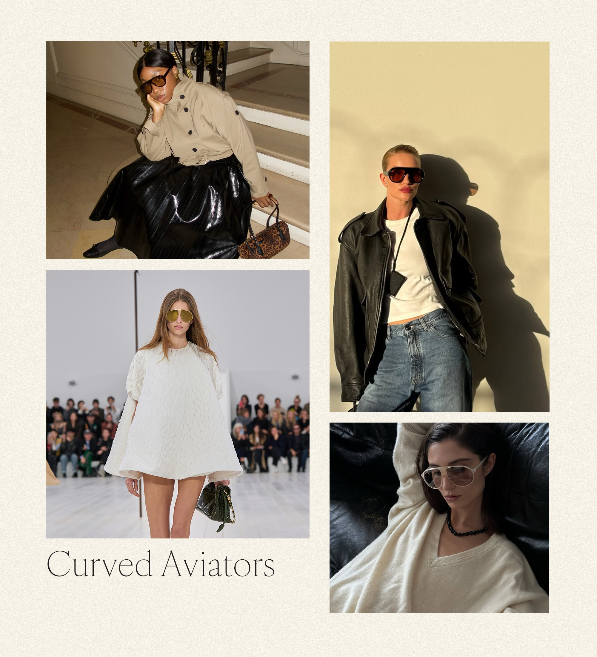 a collage of influencer, celebrity, and runway images featuring the biggest sunglasses trends of 2025