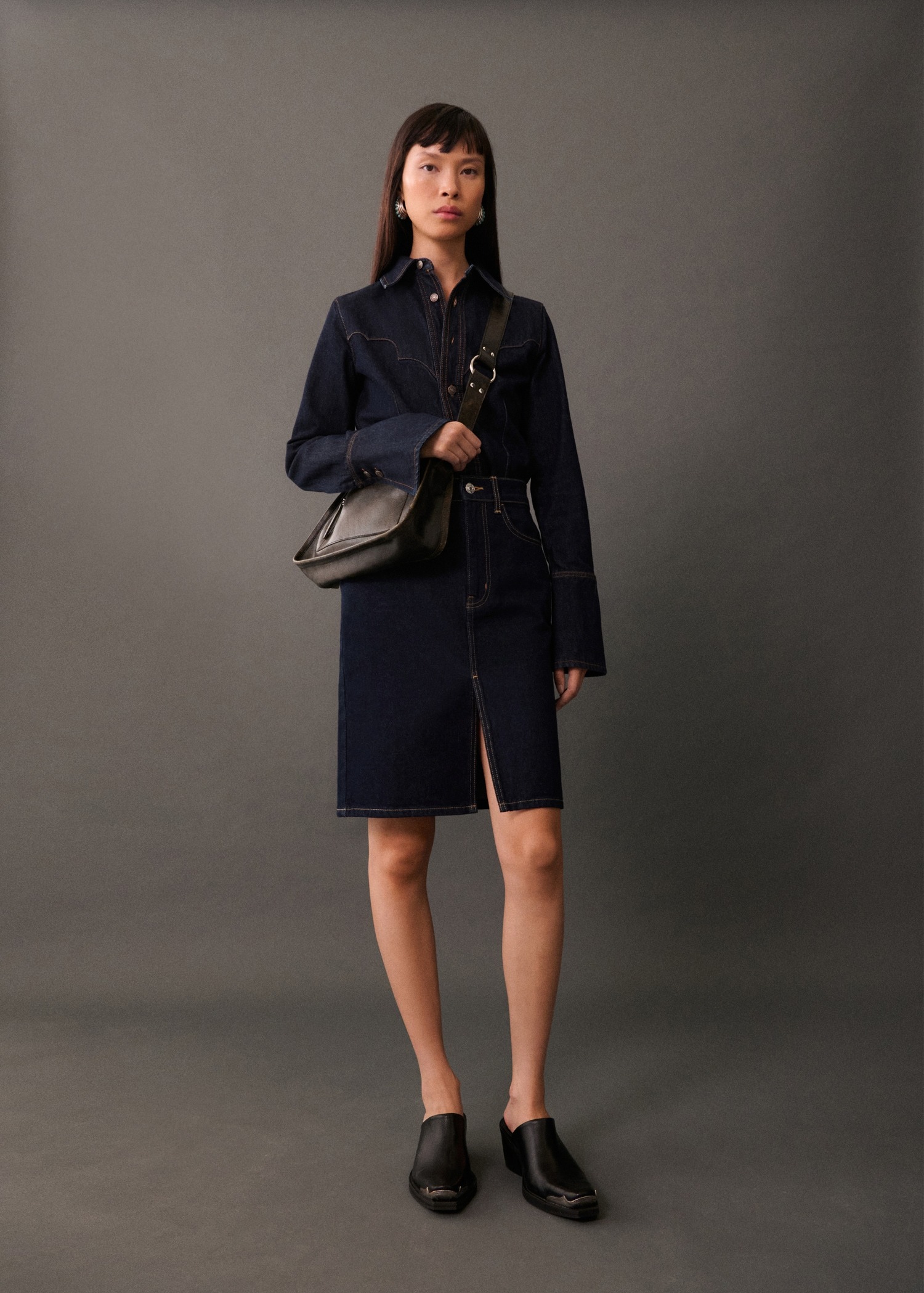 MANGO, Rinse-Wash Denim Midi-Skirt