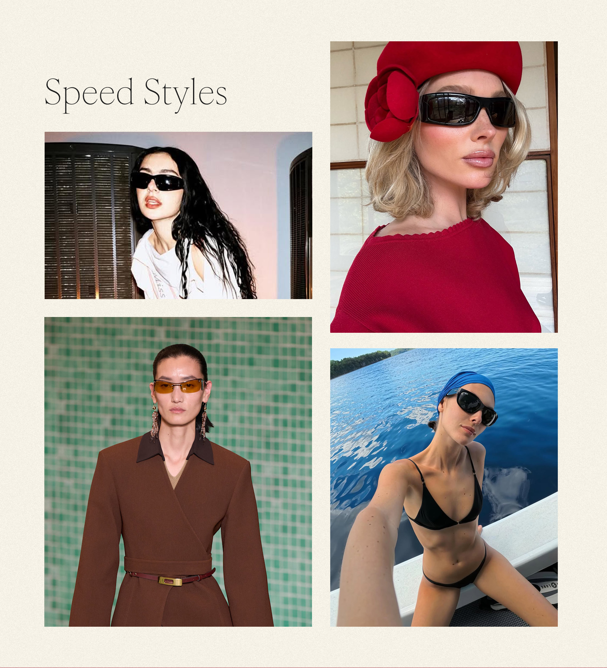 a collage of influencer, celebrity, and runway images featuring the biggest sunglasses trends of 2025