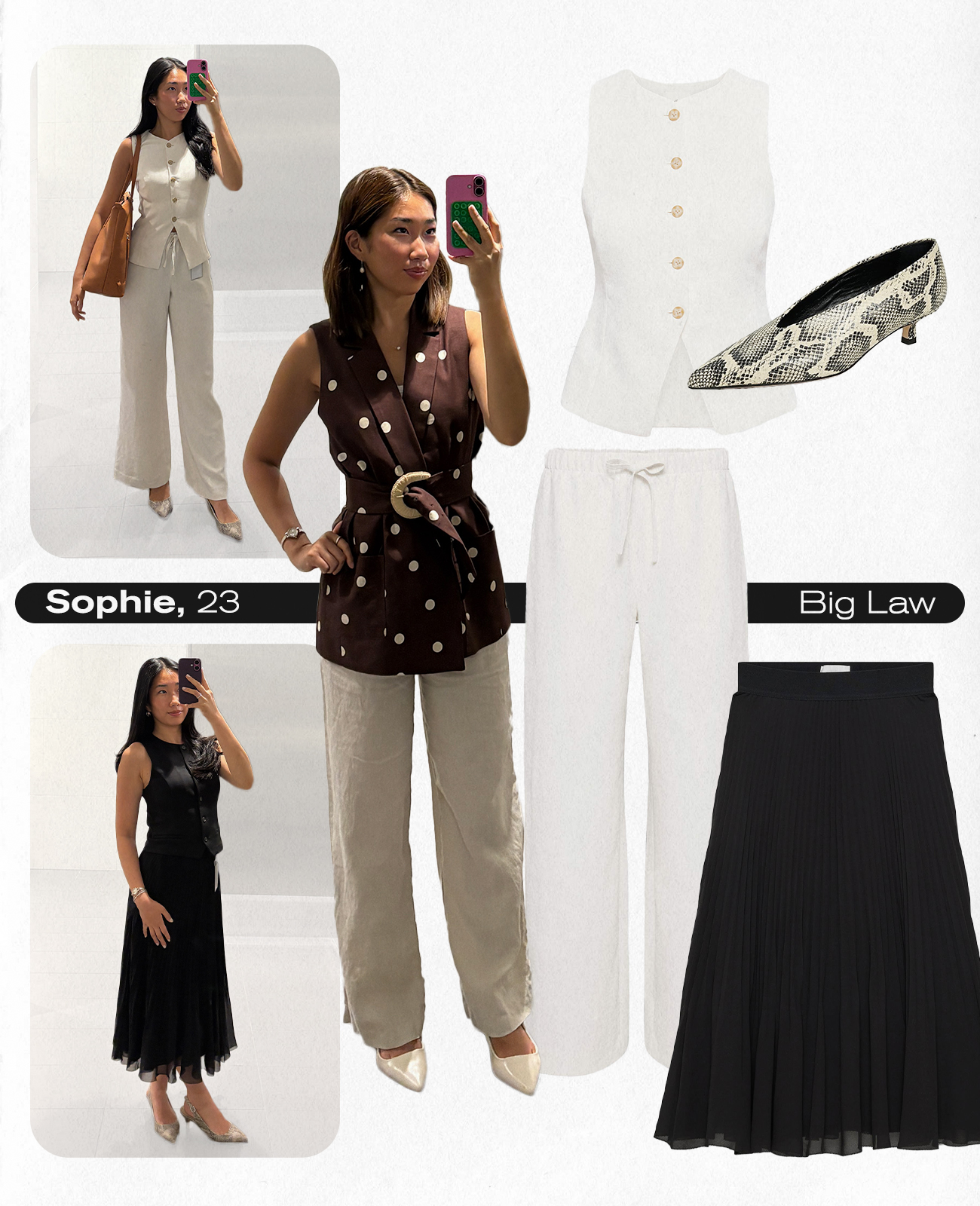 Photo collage of Gen Z corporate work outfits.