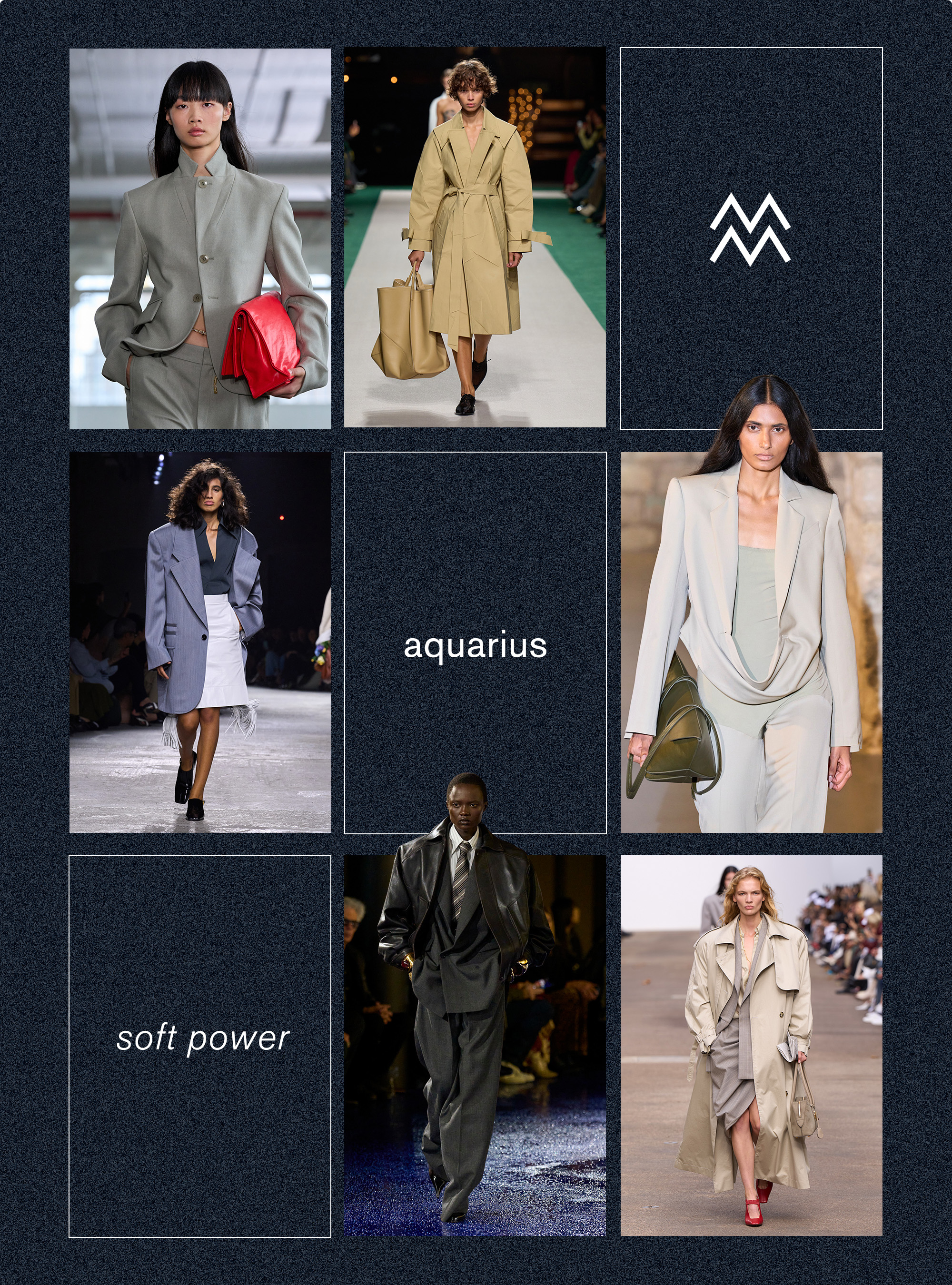 Best spring trend for the Aquarius zodiac sign shown in a collage depicting the soft suiting trend in the spring-summer 2025 collections of Tibi, Victoria Beckham, Christopher Esber, Stella McCartney, Saint Laurent, and Bottega Veneta