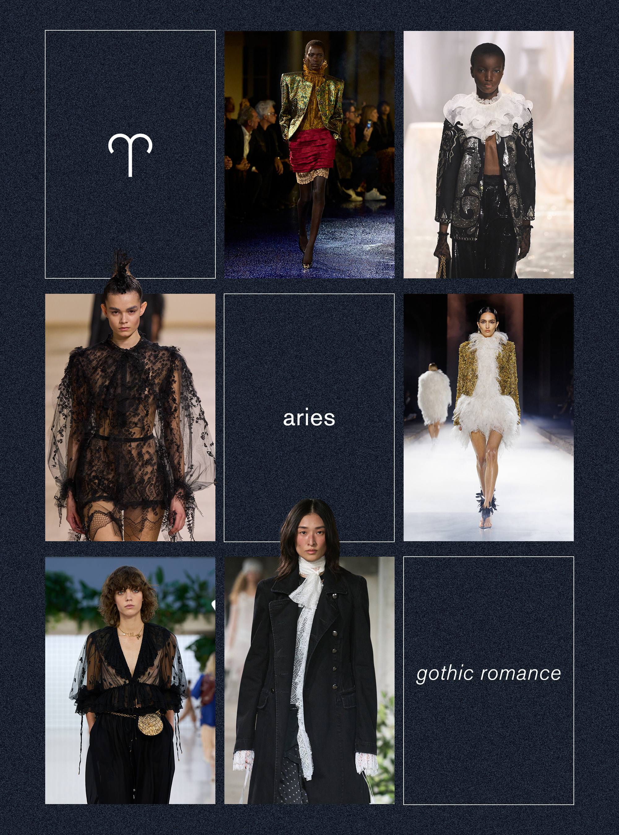 Best spring trend for the Aries zodiac sign shown in a collage depicting the gothic romance trend shown in the spring summer 2025 collections of Chloé, Dior, Saint Laurent, Valentino, and Ann Demeulemeester