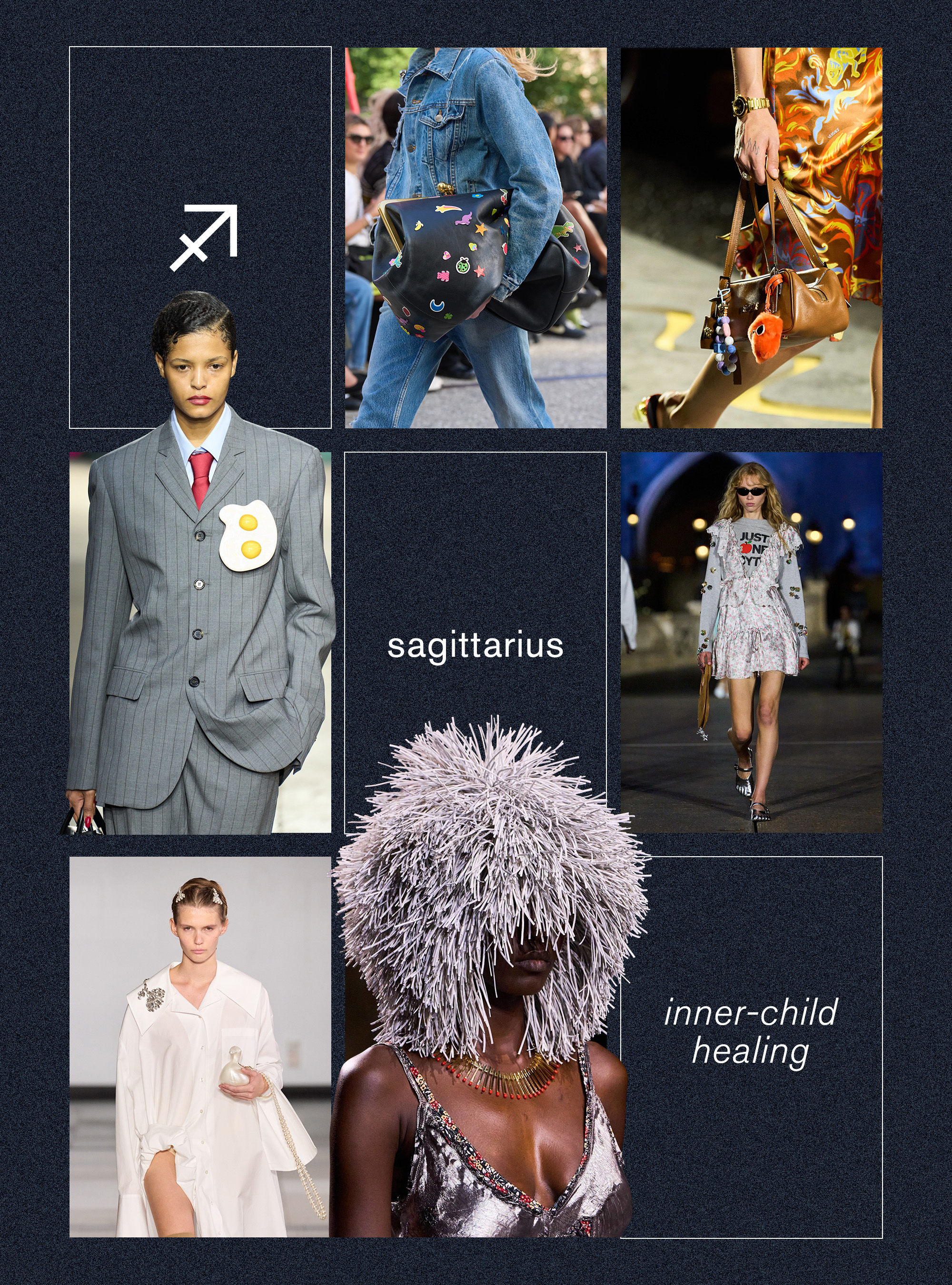 Best spring trend for the Sagittarius zodiac sign shown in a collage depicting the child-like accessories trend in the spring-summer 2025 runway collections of Coach, Versace, Coperni, Bottega Veneta, Simone Rocha, Moschino