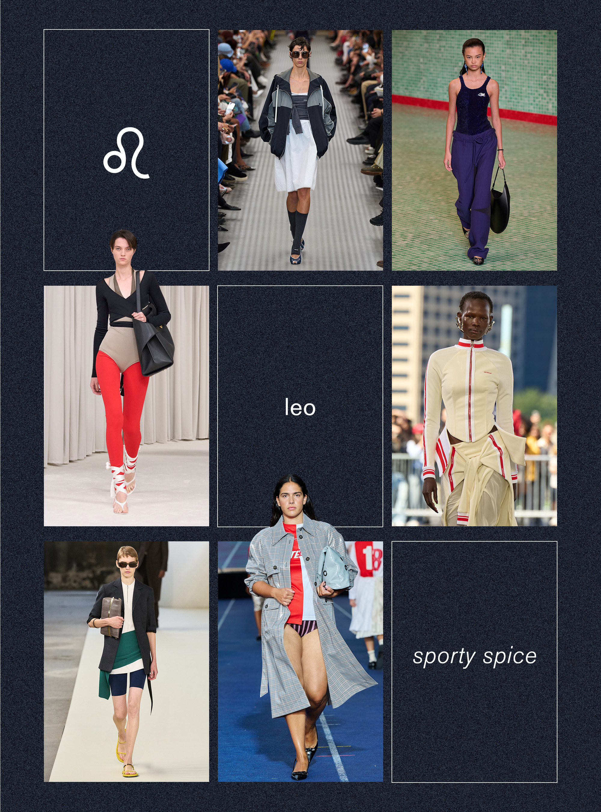 Best spring trend for Leo zodiac sign shown in a collage depicting the sport-inspired trend in the spring/summer 2025 collections of Miu Miu, Tory Burch, Off-White, Baum und Pferdgarten, Tod's, and Ferragamo