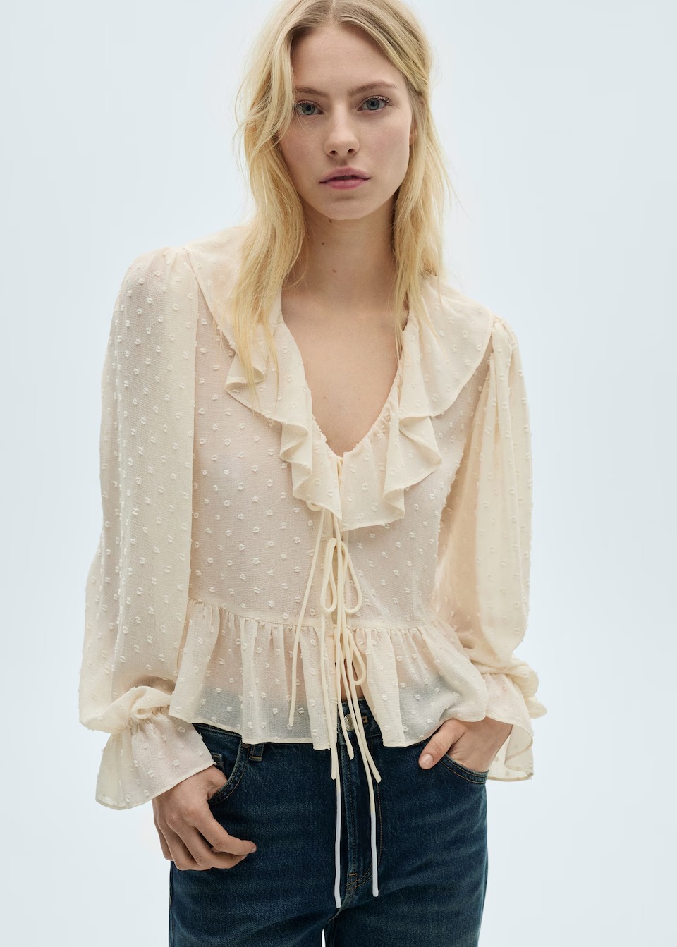 Mango, Ruffled Blouse With Bow Closure