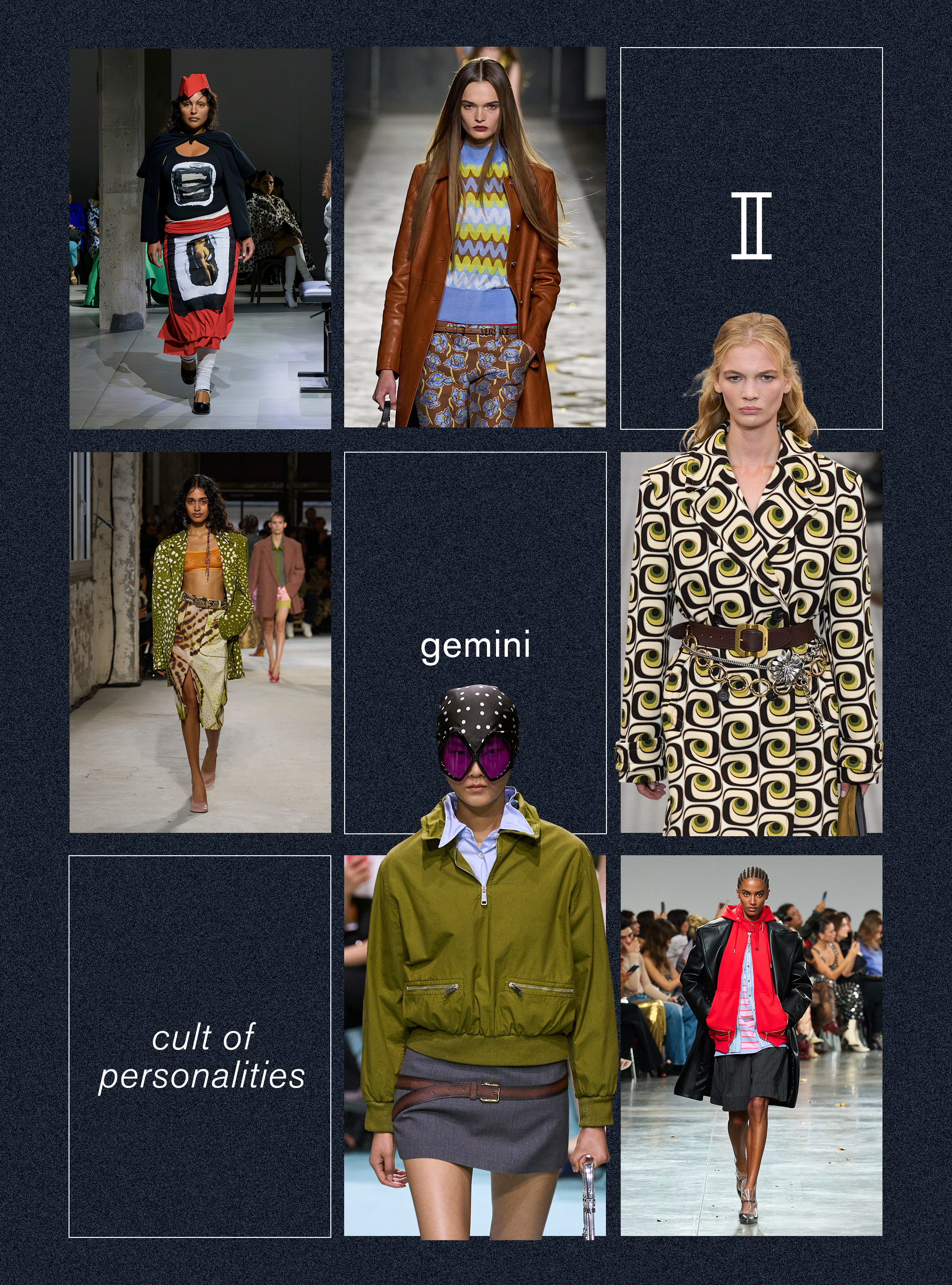 Best spring trend for gemini zodiac sign shown in a collage depicting the return of personal style in the spring/summer 2025 runway shows of Marni, Versace, Miu Miu, Rabanne, Prada and Dries Van Noten