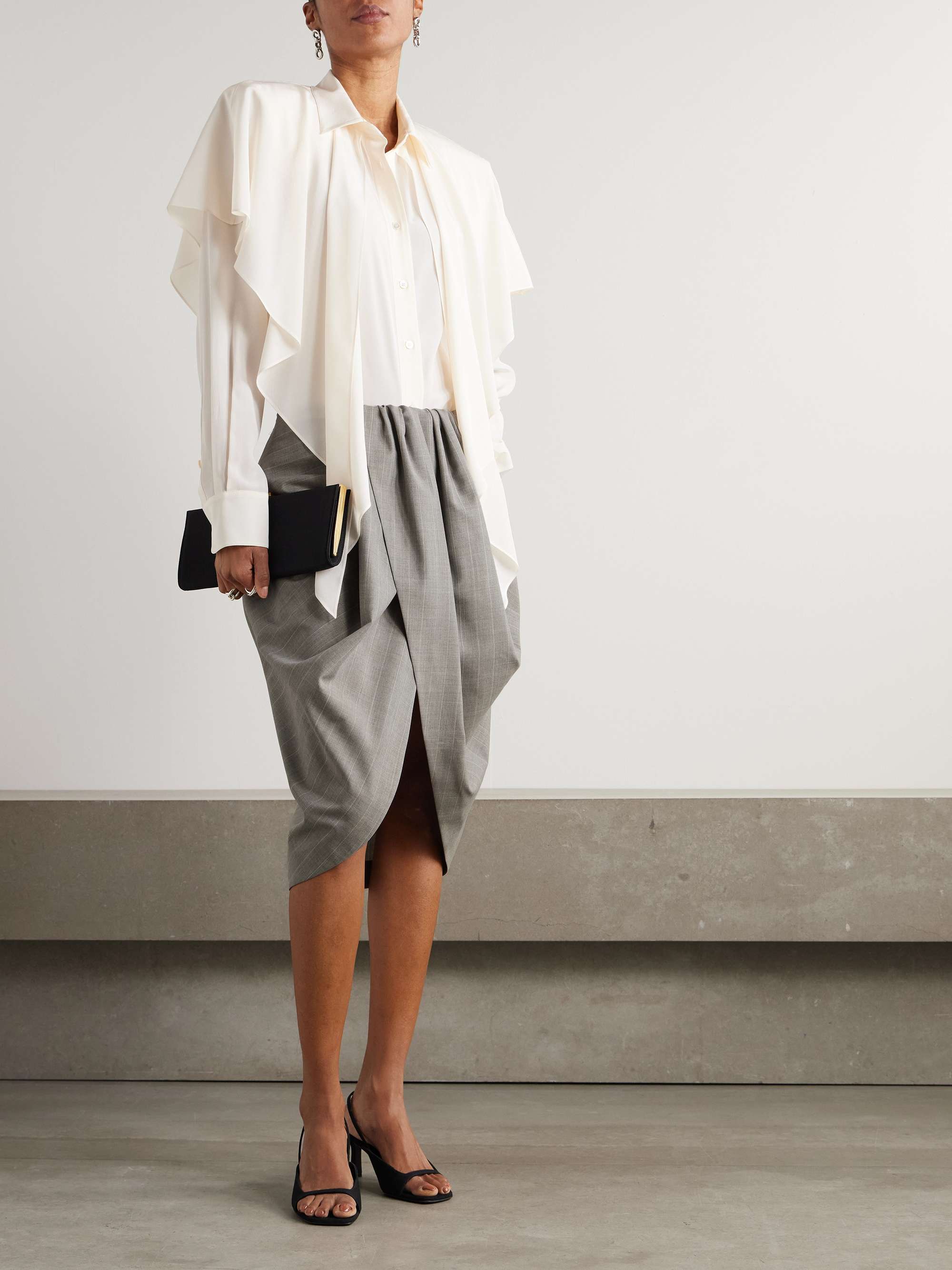 Draped Striped Wool-Crepe Skirt