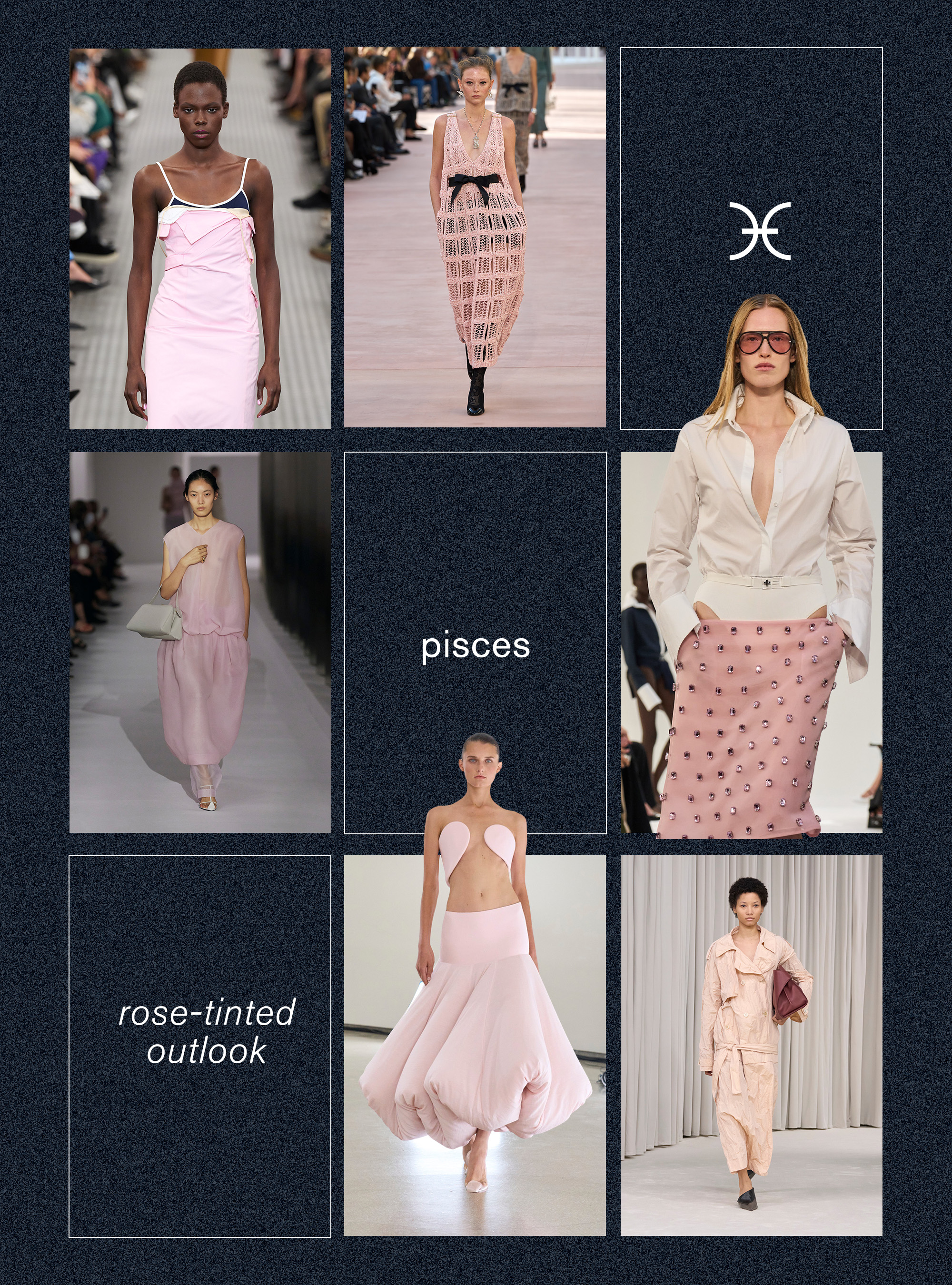 Best spring trend for the Pisces zodiac sign shown in a collage depicting the pale pink color trend in the spring-summer 2025 collections of Miu Miu, Chanel, Brandon Maxwell, Ferragamo, Alaïa, and Khaite