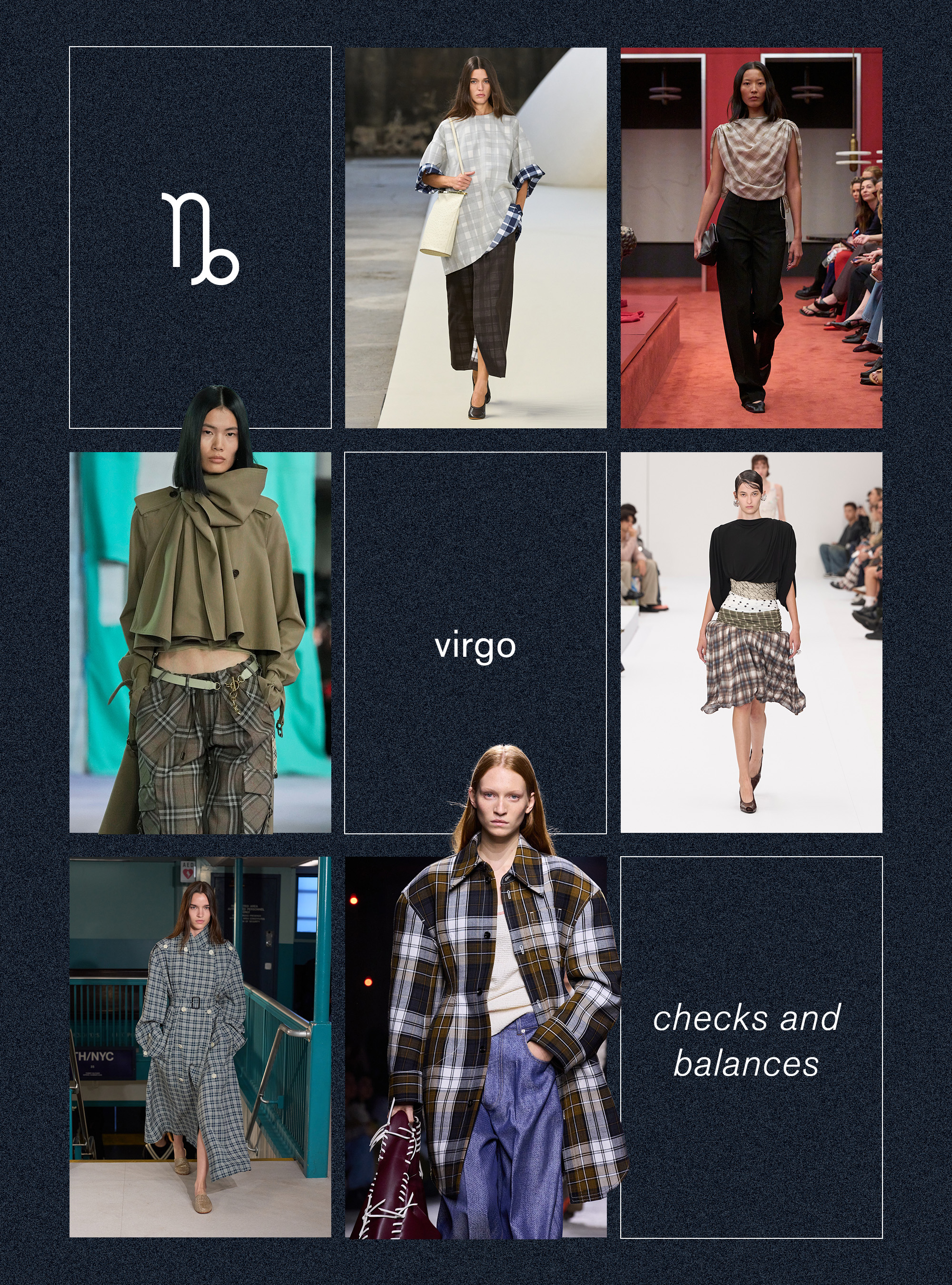 Best spring trend for virgo zodiac sign shown in a collage depicting the checker print trend in the spring summer 2025 collections of Tod's, Kallmeyer, Acne Studios, Bottega Veneta, Tommy Hilfiger and Burberry