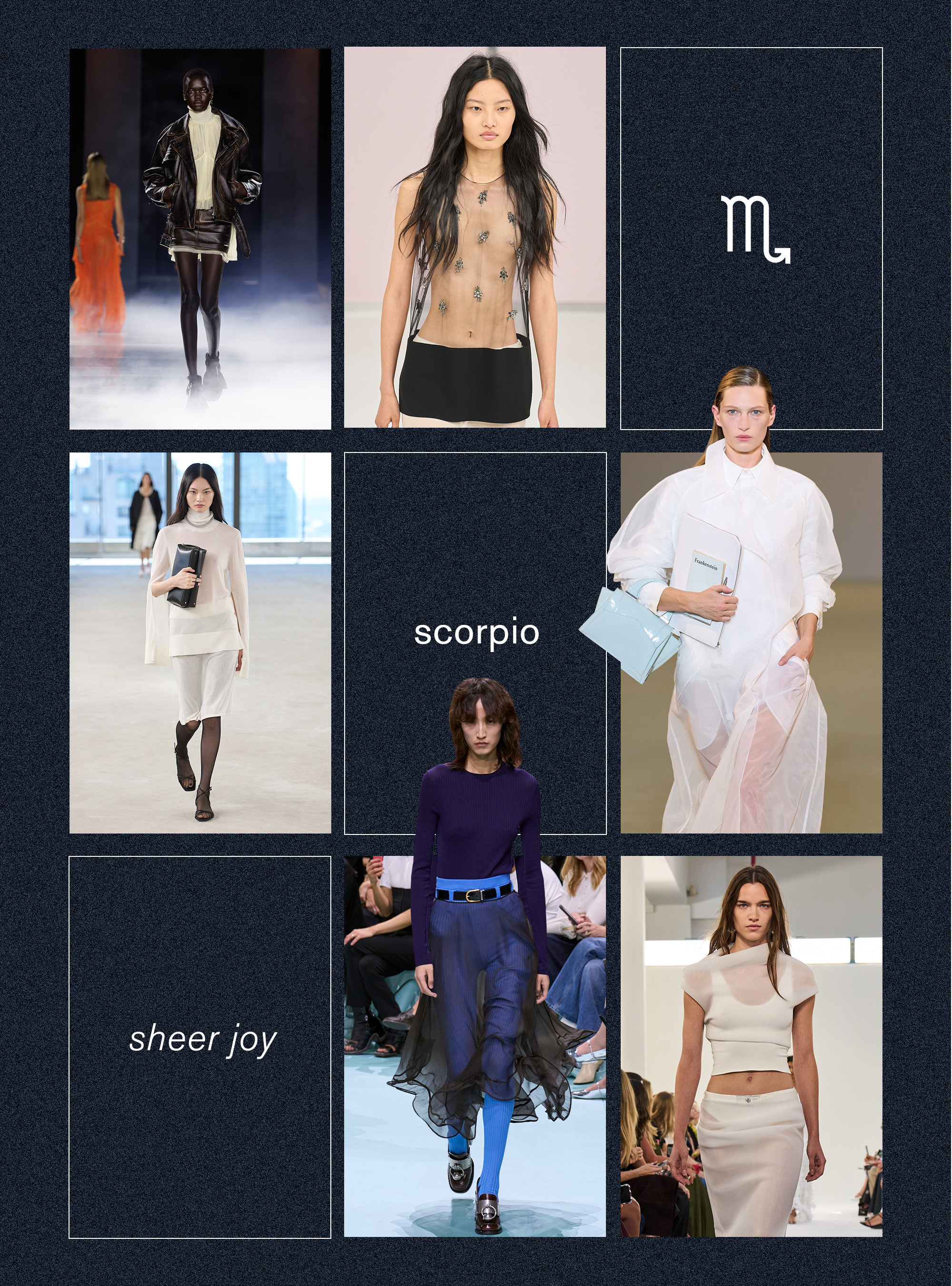Best spring trend for Scorpio zodiac sign shown in a collage depicting sheer clothing trend in the spring-summer 2025 runway shows of Alexander McQueen, Fendi, Del Core, Brandon Maxwell, Prada and Toteme