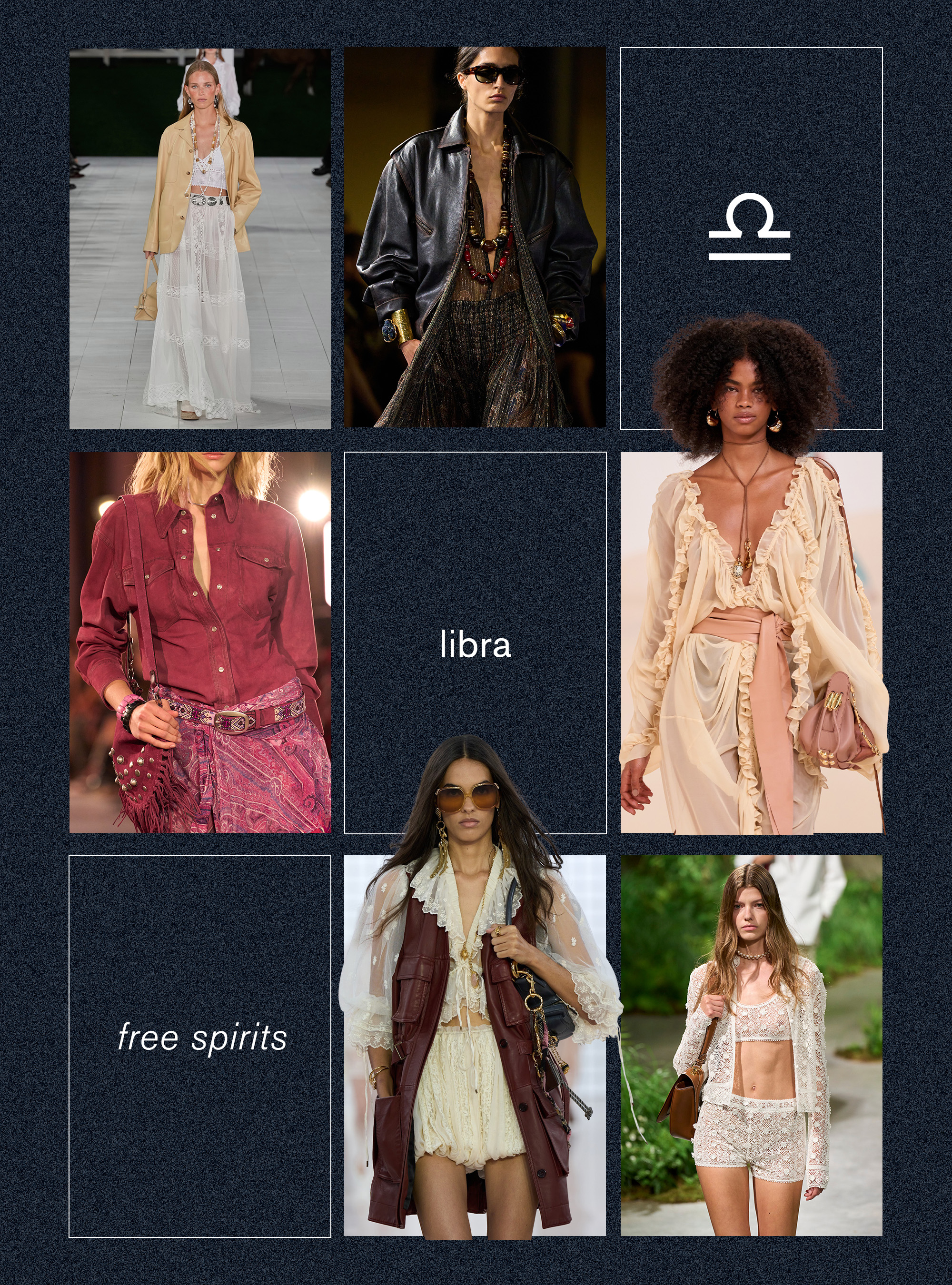 Best spring trend for the Libra zodiac sign shown in a collage depicting the boho trend shown in the spring-summer 2025 collections of Ralph Lauren, Saint Laurent, Zimmerman, Gucci, Chloé, and Isabel Marant