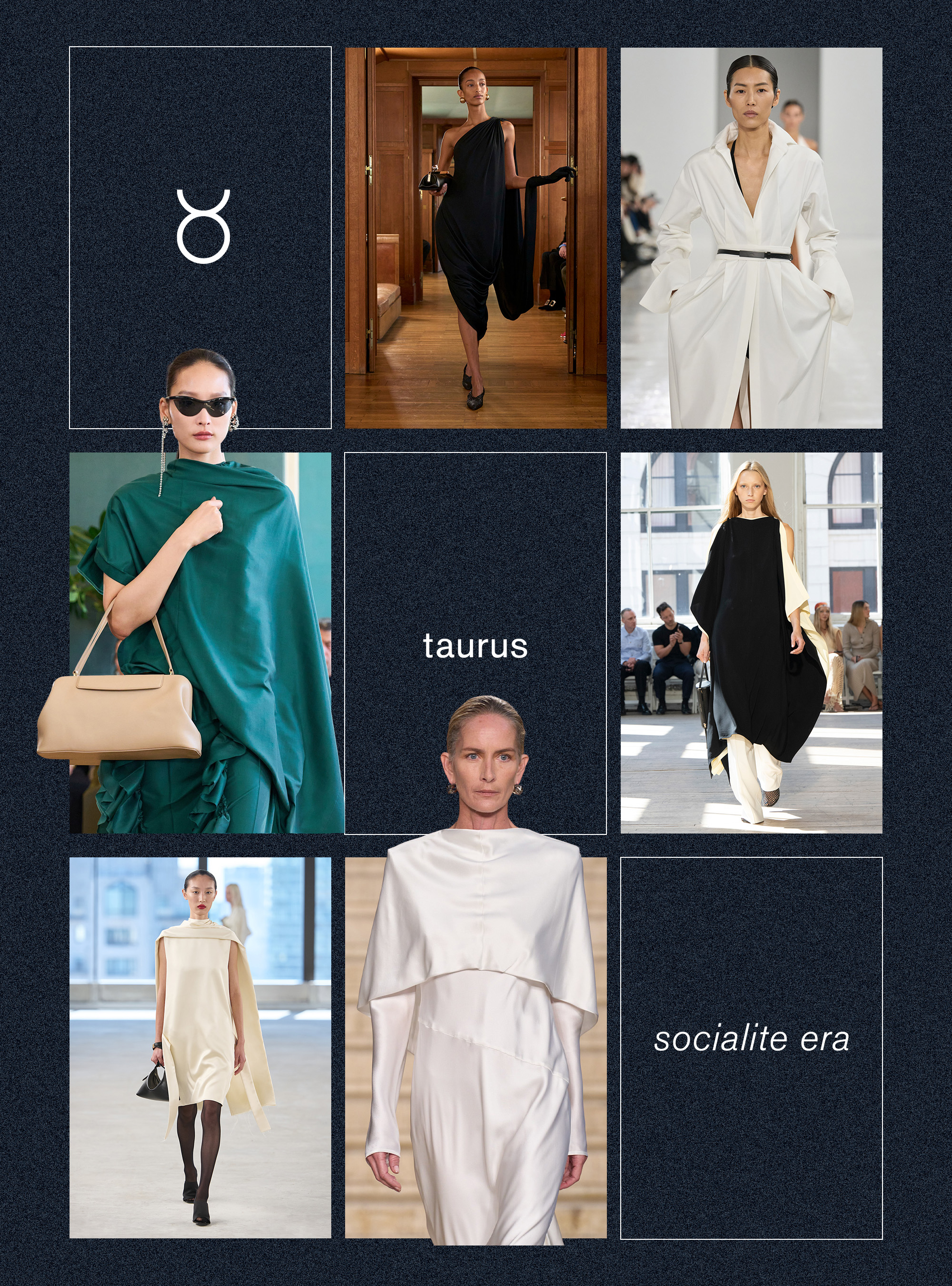 Best spring trend for the Taurus zodiac sign shown in a collage depicting the socialite era trend in the spring-summer 2025 collections of Jacquemus, Max Mara, Proenza Schouler, Tove, Toteme and Carven