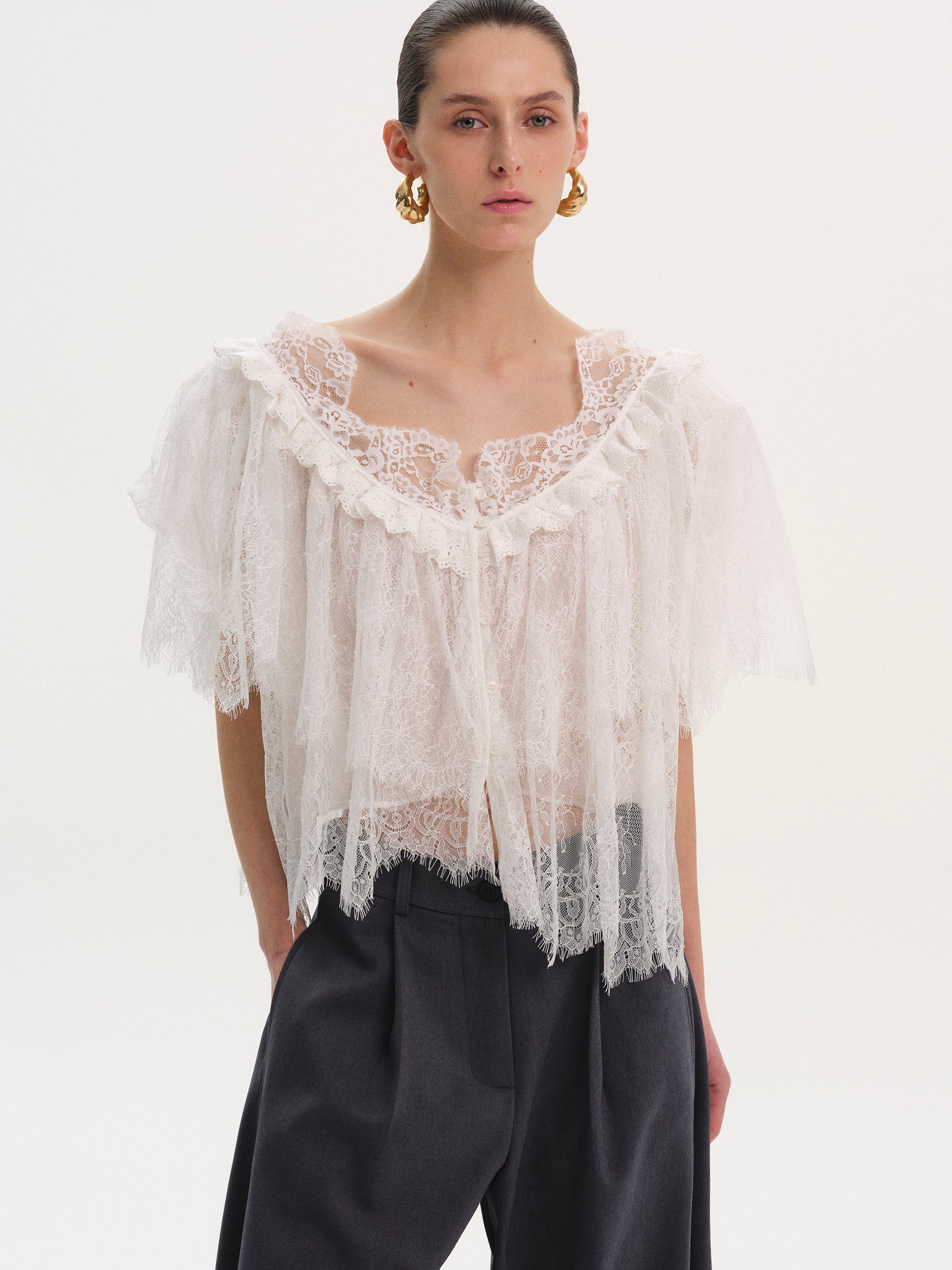 Lace Tiered Blouse, White