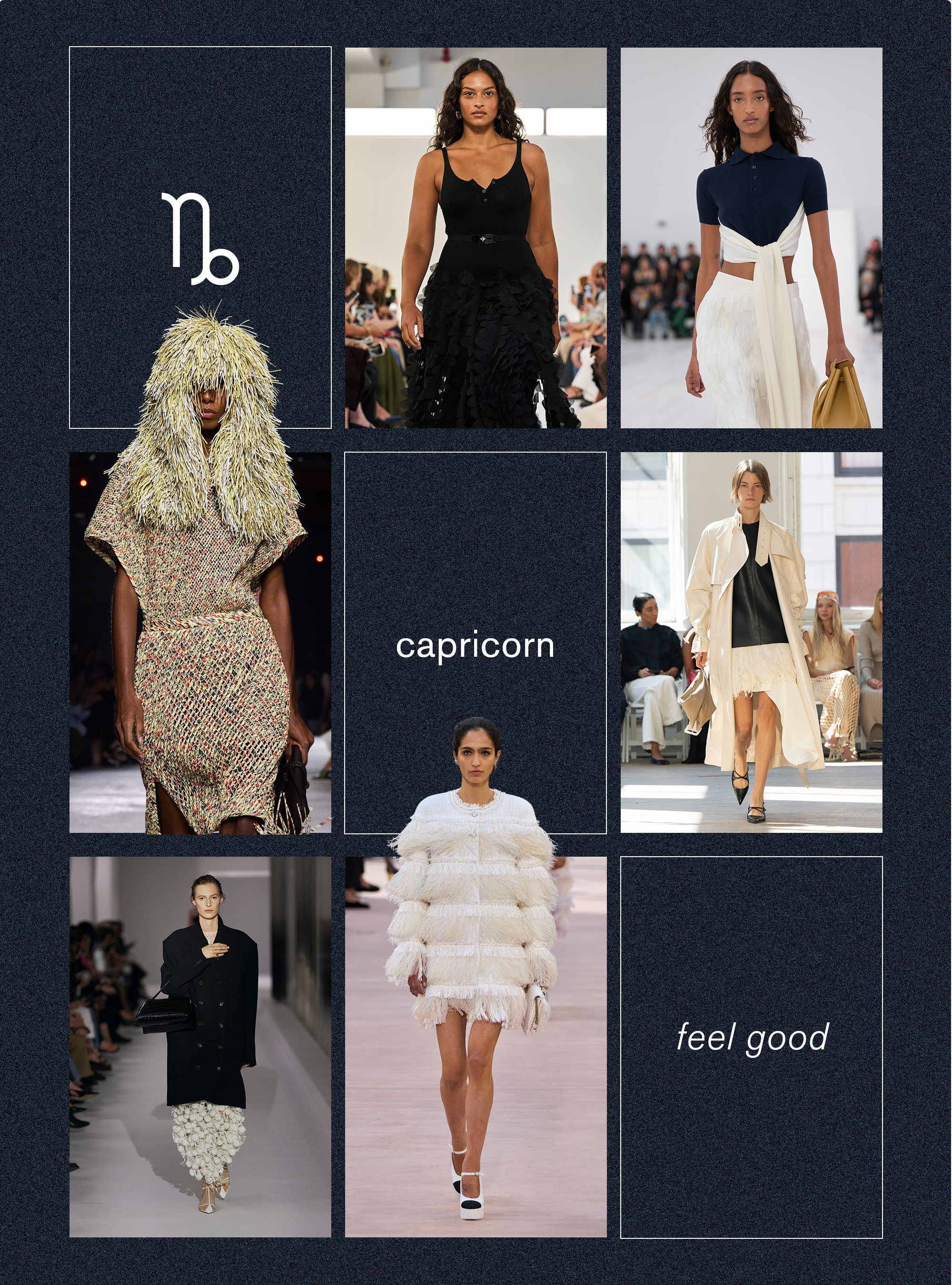 Best spring trend for Capricorn zodiac sign shown in a collage depicting the texture trend in the spring-summer 2025 collections of Brandon Maxwell, Loewe, Proenza Schouler, Chanel, Khaite, and Bottega Veneta