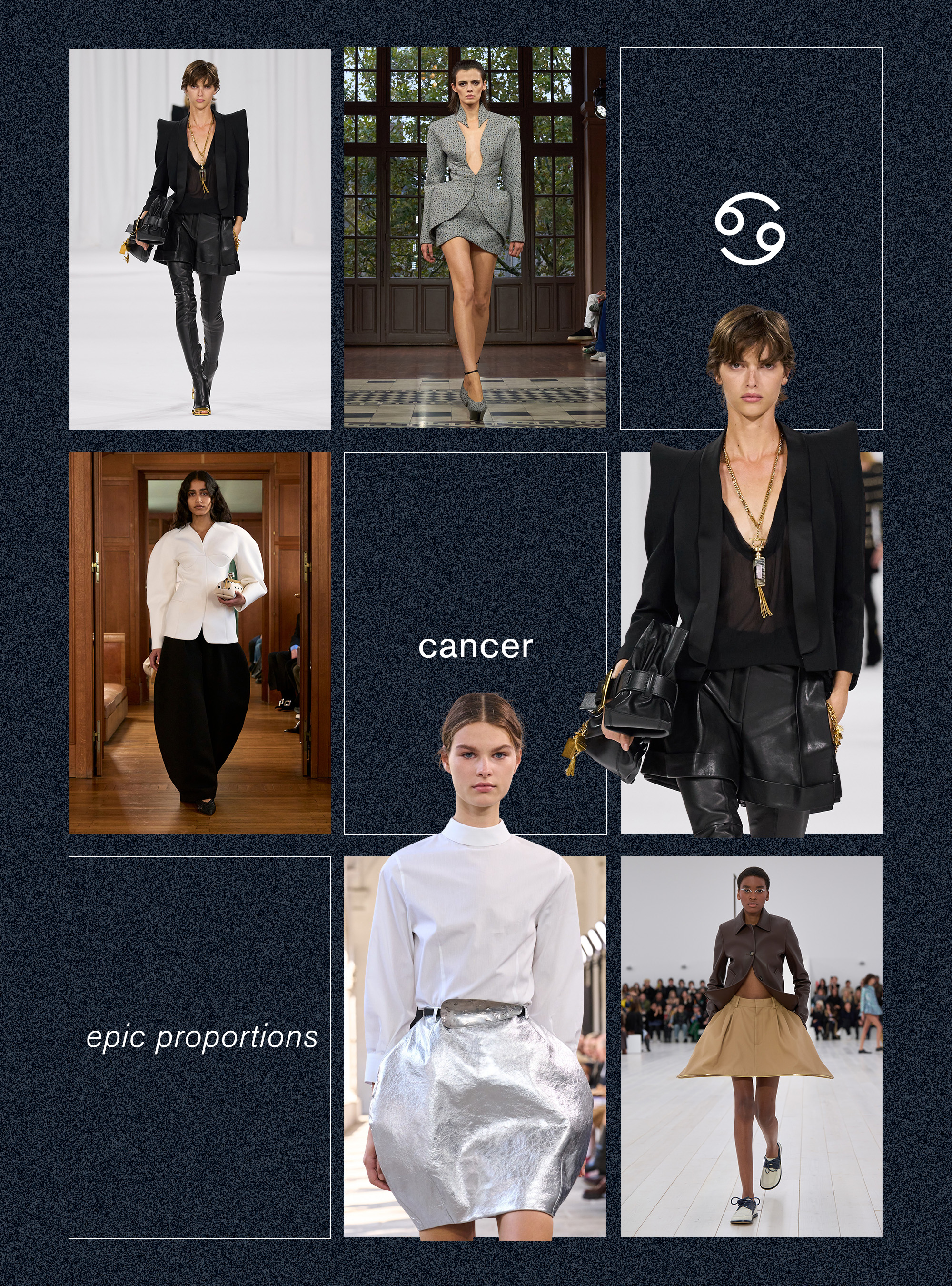 Best spring trend for cancer zodiac sign shown in a collage depicting voluminous silhouettes in the spring/summer 2025 runway collections of Balmain, Mugler, Loewe, Bally, and Jacquemus